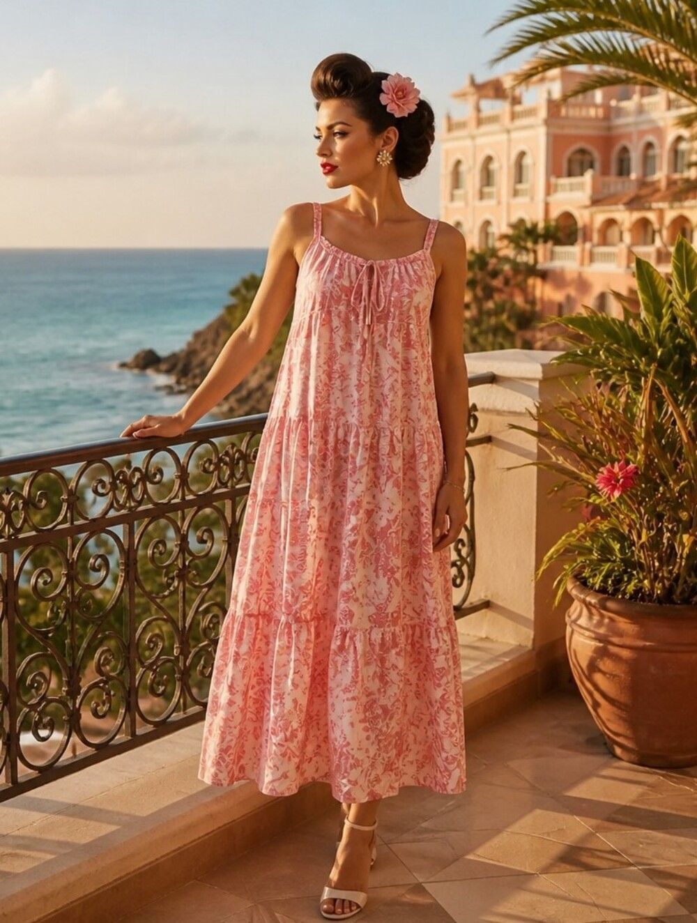 Anthropologie DREW Blush Pink Tiered Tie-Front Midi Dress